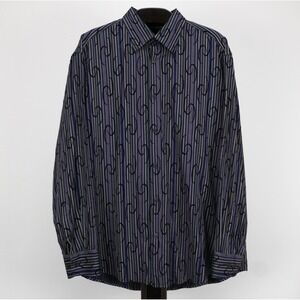 Jhane Barnes Mens XL Silk Rayon Striped Velvet Flocked Button Down Shirt Blue